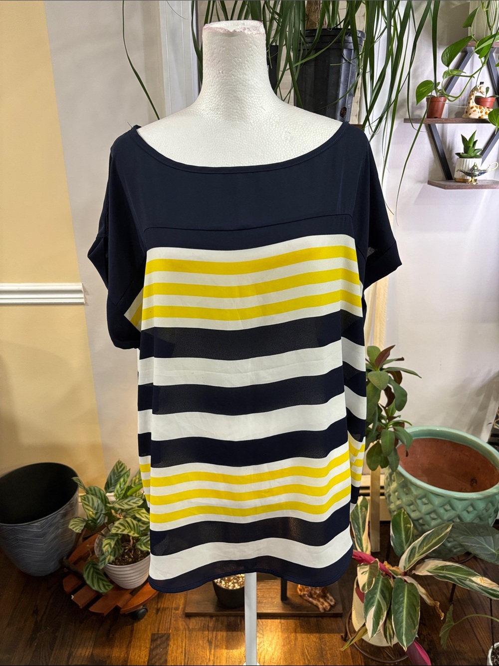 Sky Plus Striped Navy and Yellow Boatneck blouse